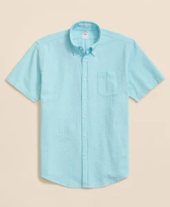 Stretch Cotton Seersucker Button-Down Collar Short-Sleeve Sport Shirt
