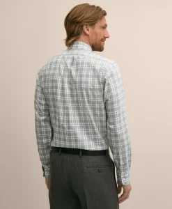 Stretch Supima® Cotton Non-Iron Twill Polo Button Down Collar, Heathered Plaid Sport Shirt