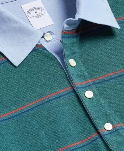 Supima® Cotton Pique Woven-Collar Striped Vintage Polo Shirt