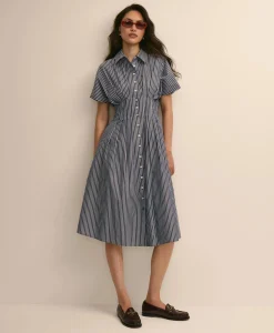 Supima® Cotton Pleated Striped A-Line Shirtdress