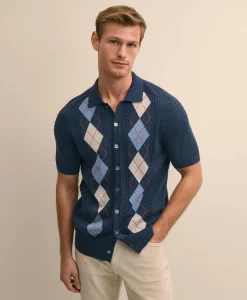 Supima® Cotton Short-Sleeve Argyle Polo Cardigan