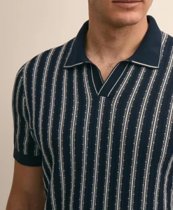 Supima® Cotton Short-Sleeve Striped Johnny Collar Sweater