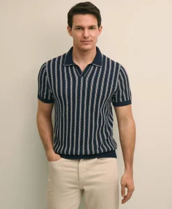 Supima® Cotton Short-Sleeve Striped Johnny Collar Sweater