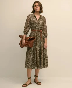 Tie-Neck Pleated Floral-Trellis Print Dress