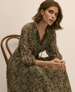 Tie-Neck Pleated Floral-Trellis Print Dress