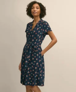 Viscose Floral Short-Sleeve Belted Shirt Dress