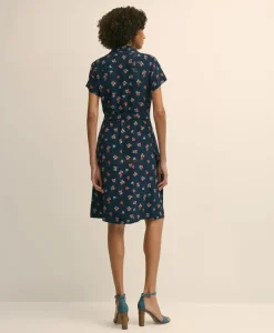 Viscose Floral Short-Sleeve Belted Shirt Dress