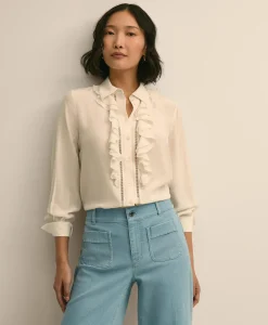 Viscose Ruffle Open-Stitch Placket Blouse